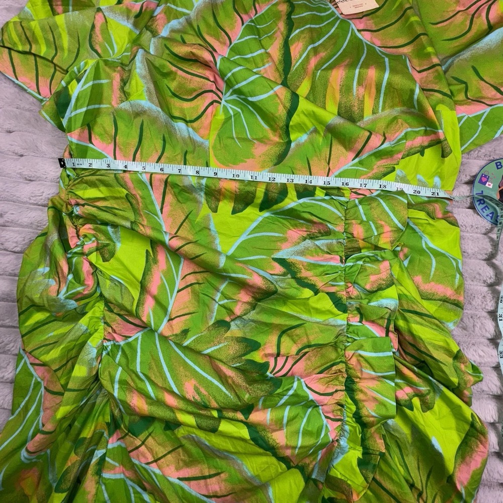 NWT FARM RIO 3XL Anthropologie Puff-Sleeve Mini Dress Lime Green Floral Ruffle - Picture 4 of 11
